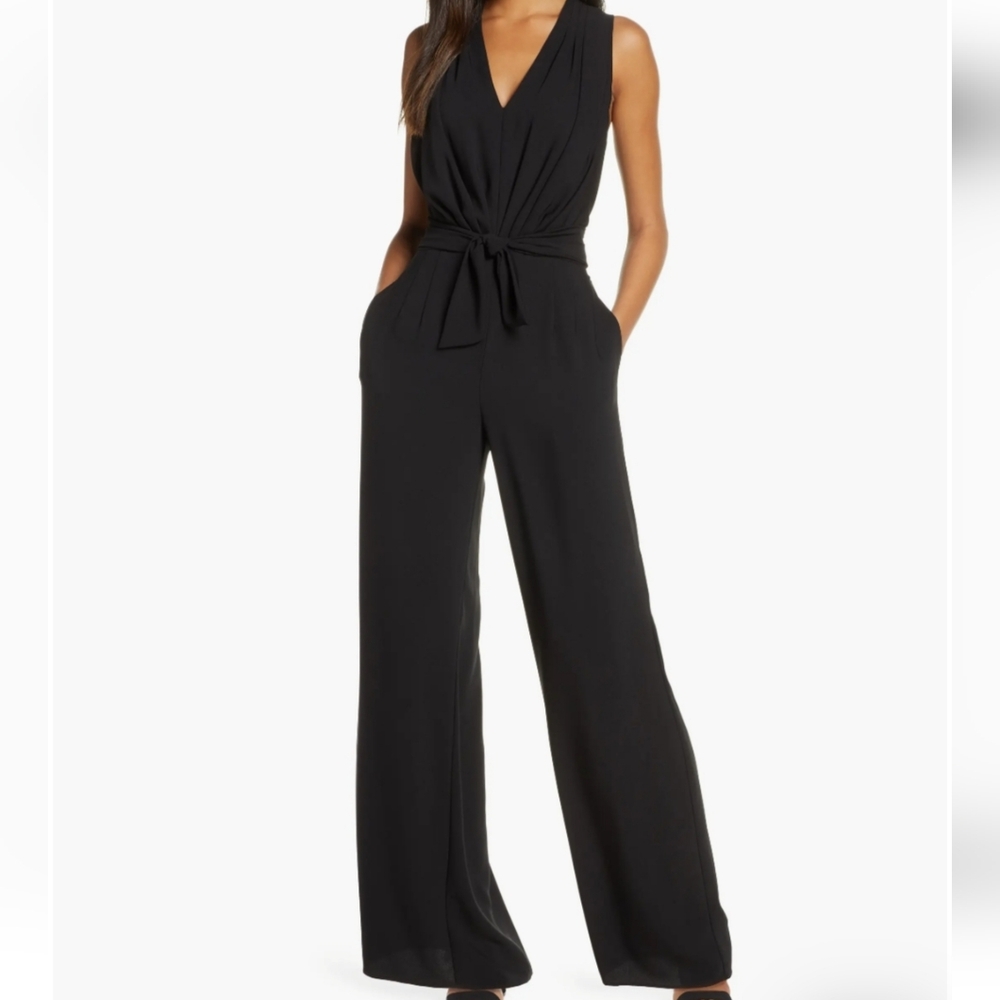 Gal Meets Glam Wide Leg Sleeveless Tie Waist Jumpsuit Size 10